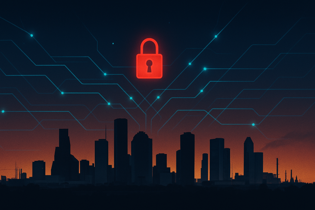 Houston skyline at dusk with glowing red cybersecurity lock and digital network — 2025 ransomware wave illustration