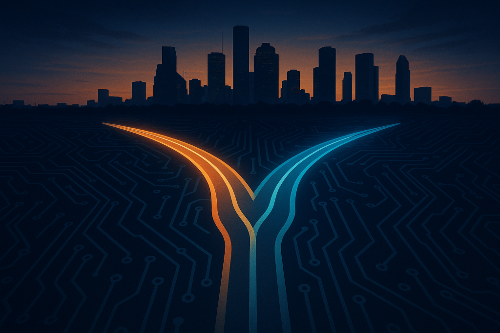 A glowing path forking into two roads through a circuit-board landscape toward the Houston skyline, representing the choice between co-managed and fully managed IT