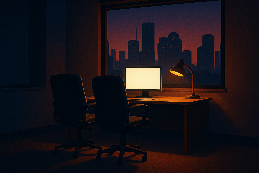 An office desk with one monitor and two chairs side by side at dusk overlooking the Houston skyline, representing partnership with internal IT