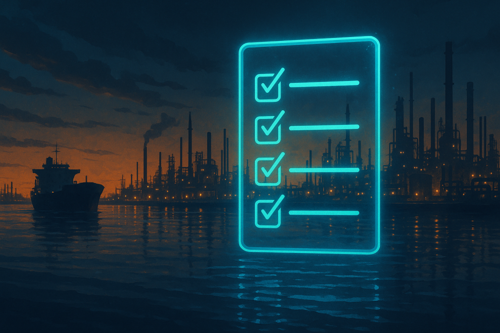 Houston Ship Channel at dusk with glowing checklist hologram overlay — Aspendora vendor cyber audit guide