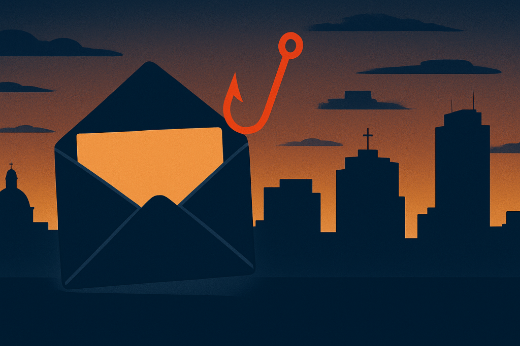 Stylized envelope releasing a phishing hook against the Texas Medical Center skyline at dusk — Aspendora