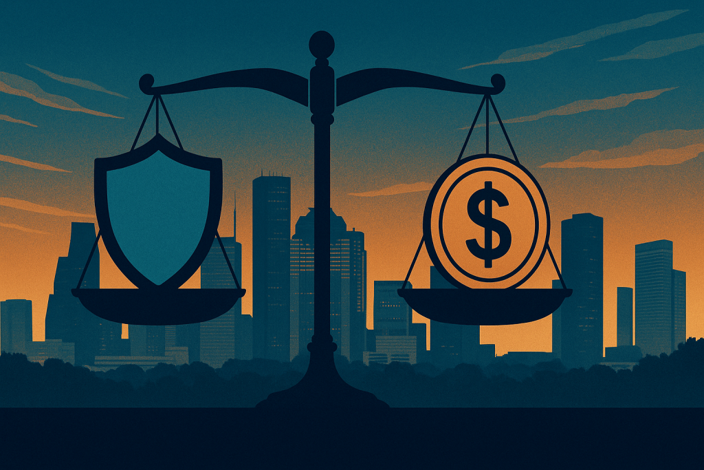 Balance scale with shield and dollar coin against Houston skyline at dusk — Aspendora cyber insurance guide