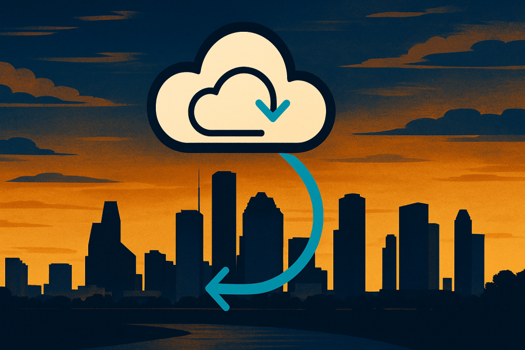 Floating Microsoft 365 cloud icon with cyan recovery arrow above Houston skyline — Aspendora M365 backup