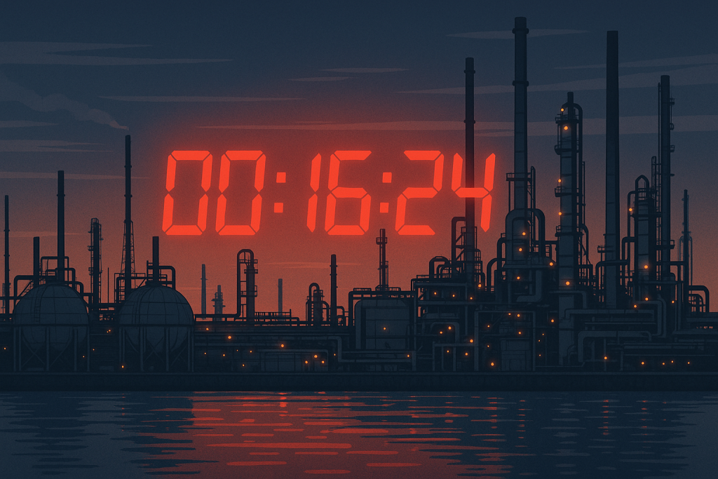 Petrochemical plant on the Houston Ship Channel at dusk with red incident-response timer — Aspendora