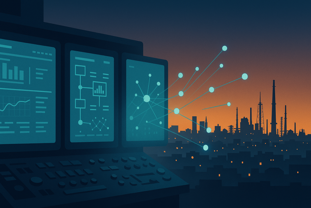 Industrial control panel fading into connected network with Baytown industrial skyline at dusk — Aspendora
