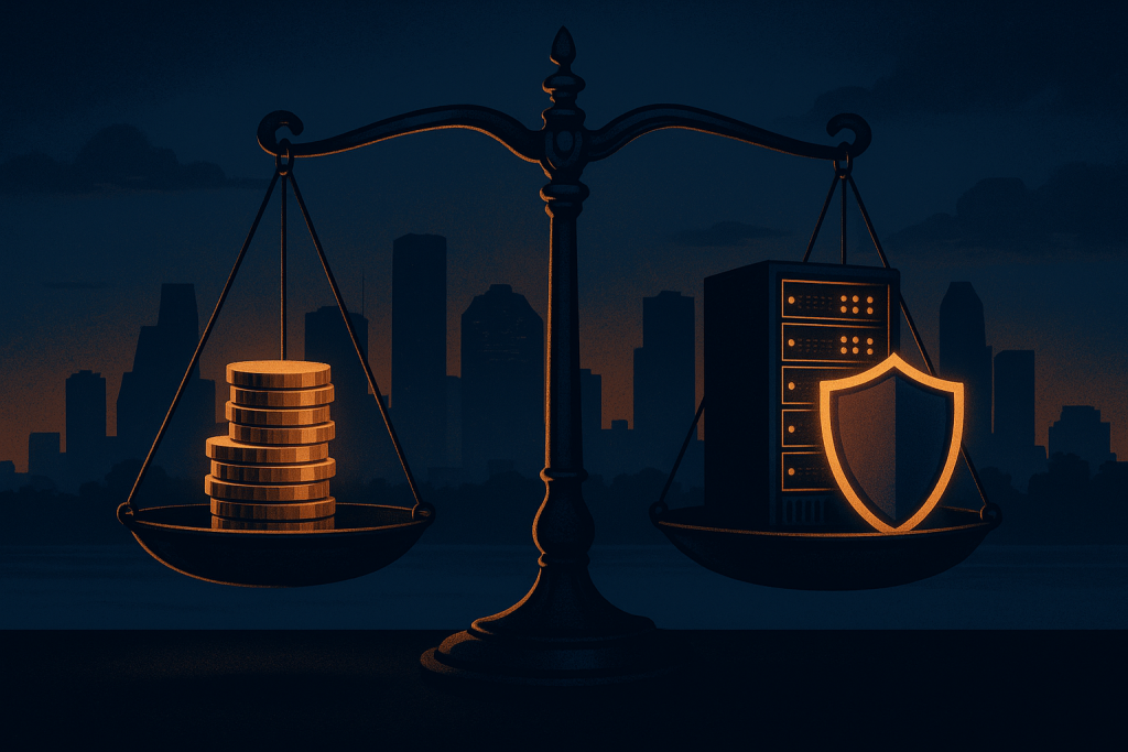 A balance scale weighing a stack of coins against a server and shield with the Houston skyline behind, representing IT hiring cost math