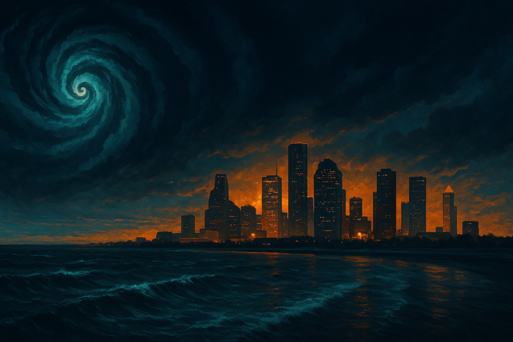 Hurricane spiral over Gulf with Houston skyline lit by emergency lights at dusk — Aspendora hurricane IT