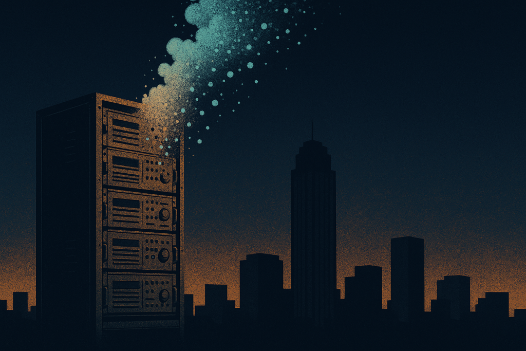 Server rack dissolving into cloud particles above Houston Galleria high-rise silhouette at dusk — Aspendora