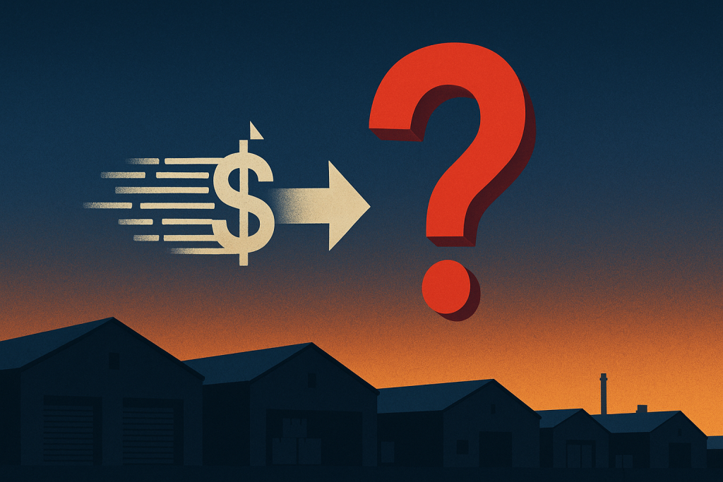 Digital wire transfer arrow intercepted by red question mark over Pearland warehouse silhouettes at dusk — Aspendora