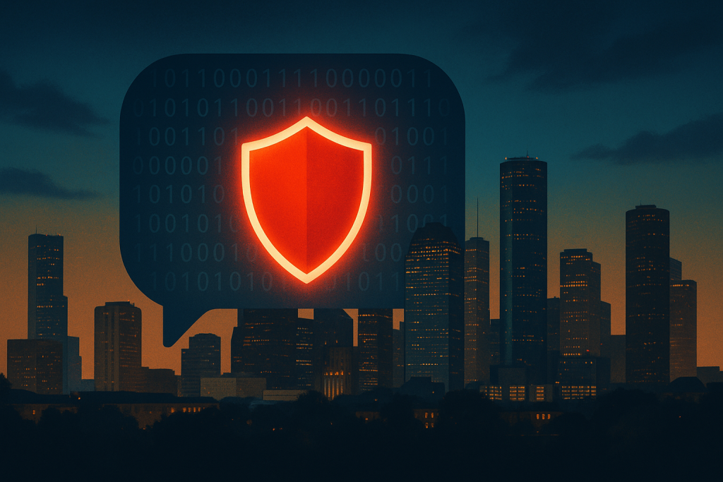 Chat-bubble shape with binary patterns and glowing red shield in front of Houston skyline at dusk — Aspendora