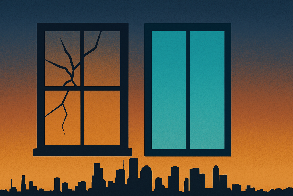 Old window-pane icon cracking apart as sleek new window forms beside it, Houston skyline at dusk — Aspendora