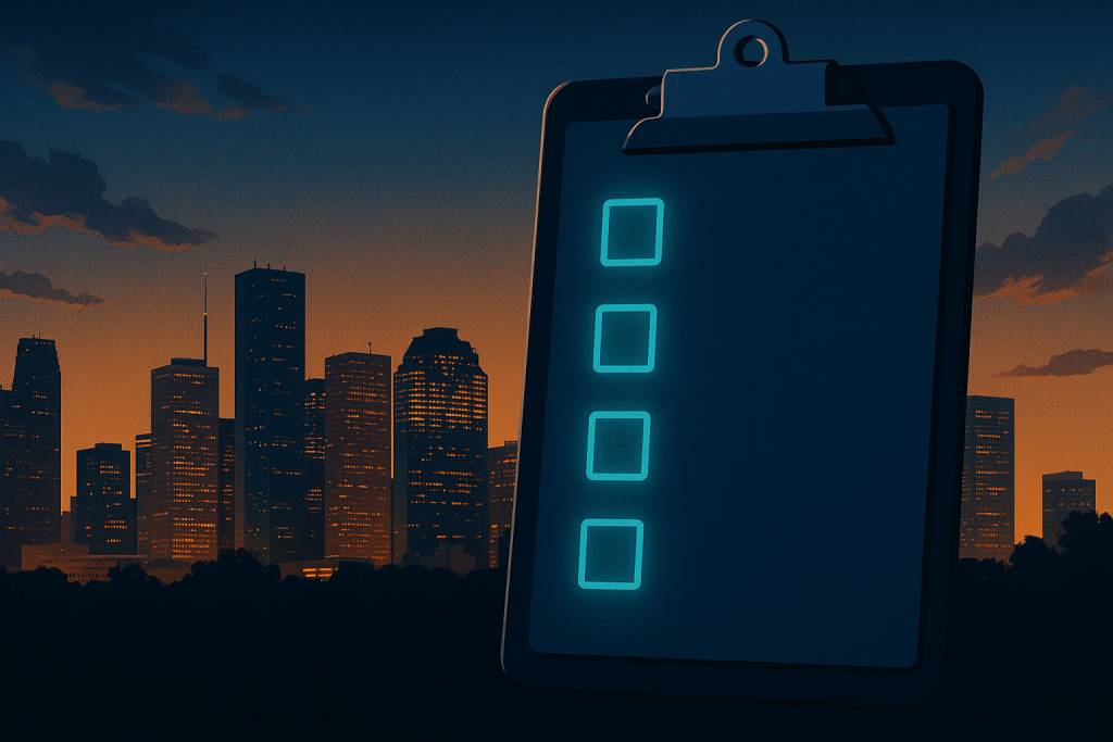 Clipboard with glowing cyan checkboxes against Houston skyline at dusk — Aspendora cybersecurity audit