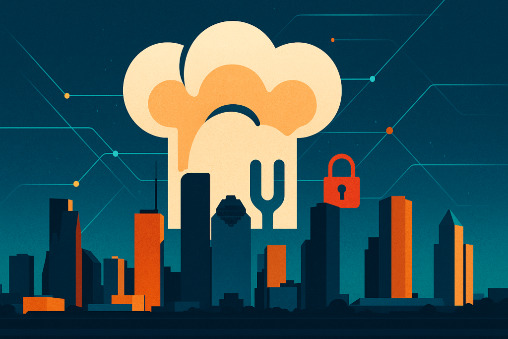 Hospitality icon over Houston downtown with digital connection lines and security lock — Aspendora