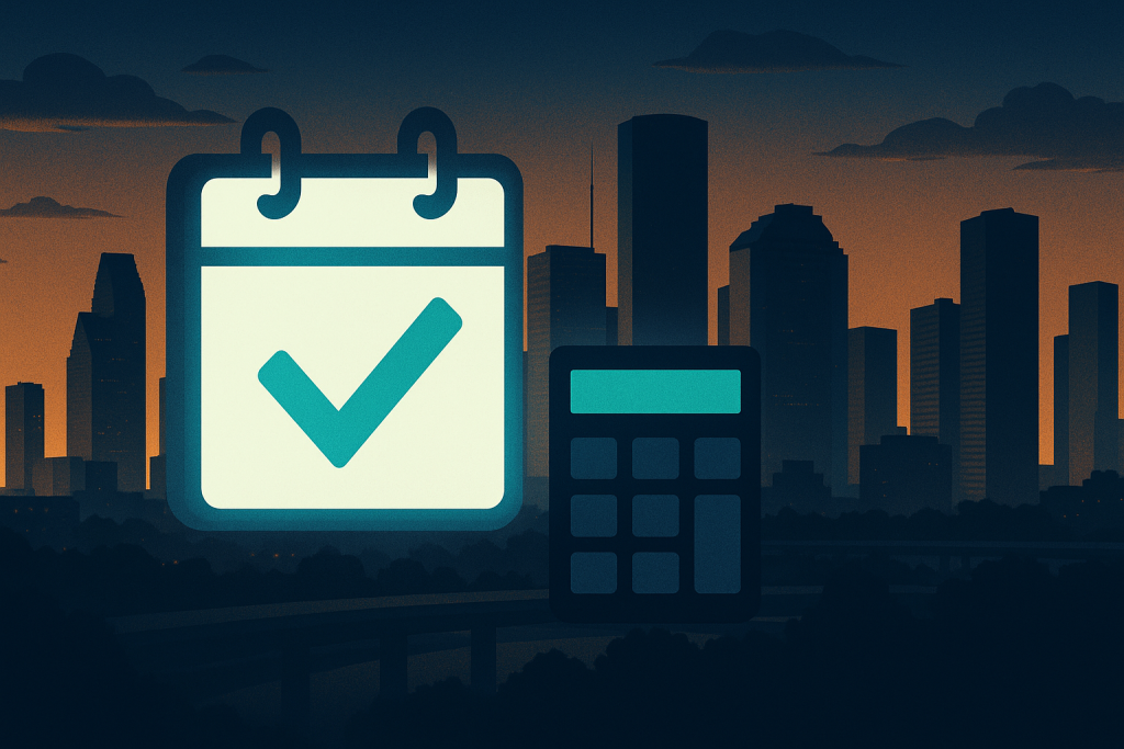 Glowing calendar with cyan check mark and calculator over Houston skyline at dusk — Aspendora IT budgeting