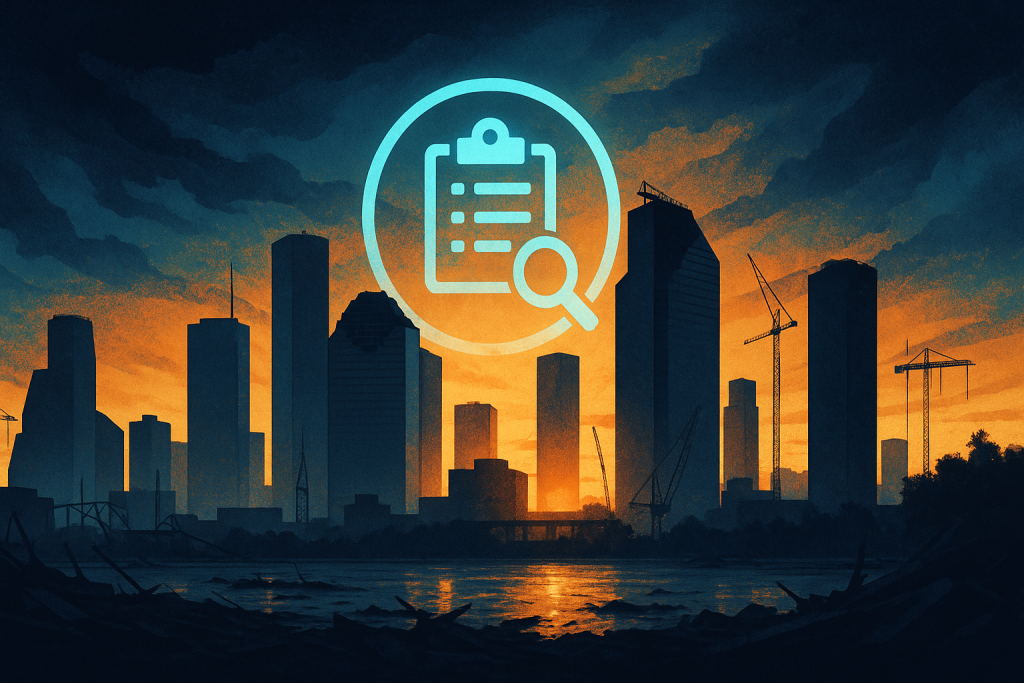 Houston skyline at dawn with rebuilding cranes and glowing checklist overlay — Aspendora post-hurricane IT audit