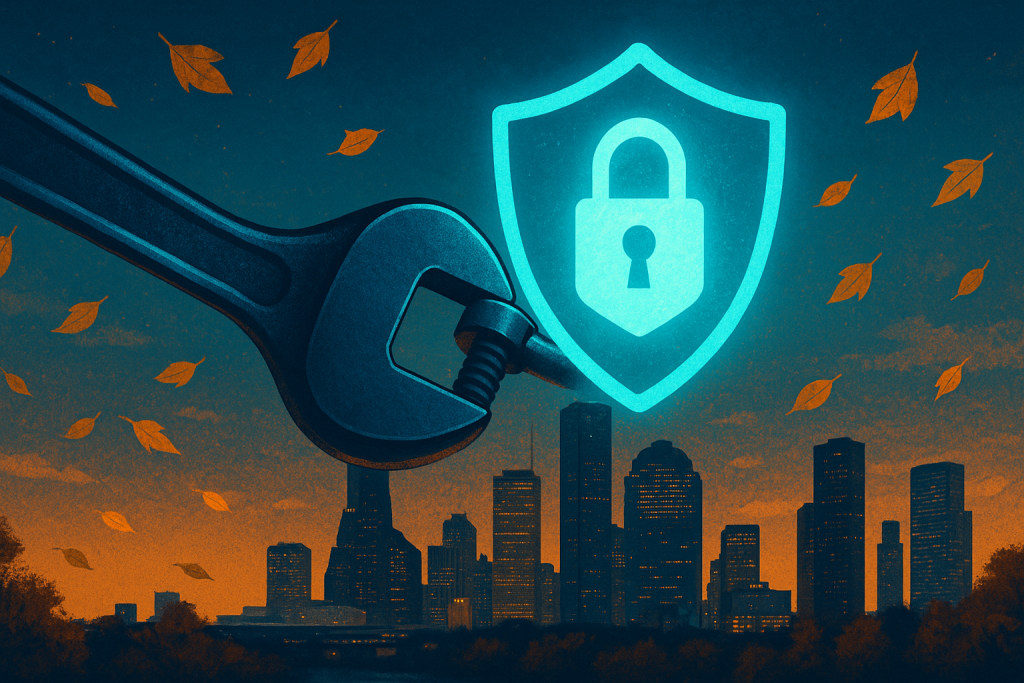 Wrench tightening a cybersecurity shield with Houston skyline and autumn leaves at dusk — Aspendora